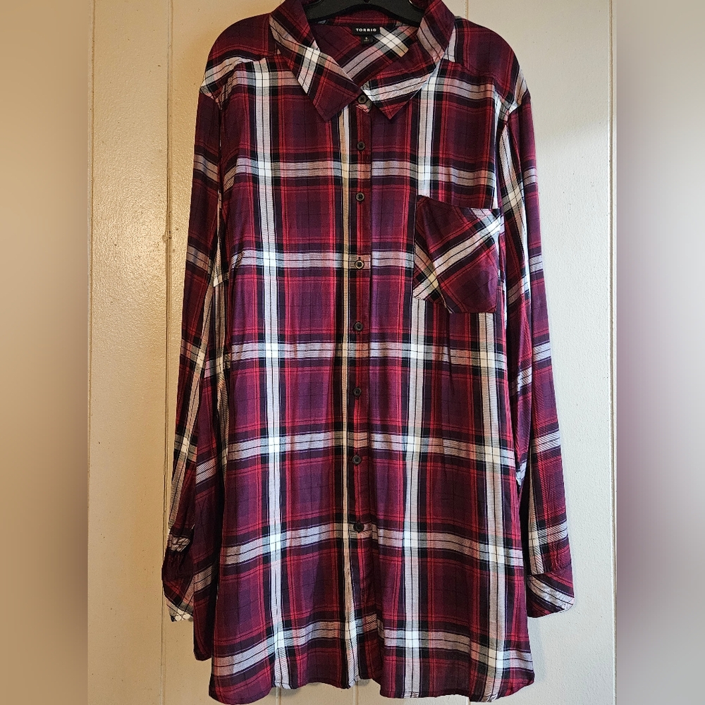 TTorrid Burgundy Plaid Button-Down Shirt – Lightweight Long Sleeve – Size 5